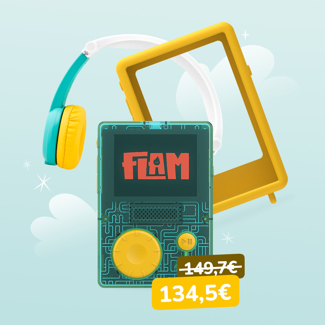 Bundle-Post-FLAMCasque-PRIX_Paid_1080x1080_f07b2522-72f0-42ef-8786-668ffab8a851.jpg Lunii - Super Pack 7-12 ans : Baladeur d'histoires FLAM + coque jaune + casque – Image 1